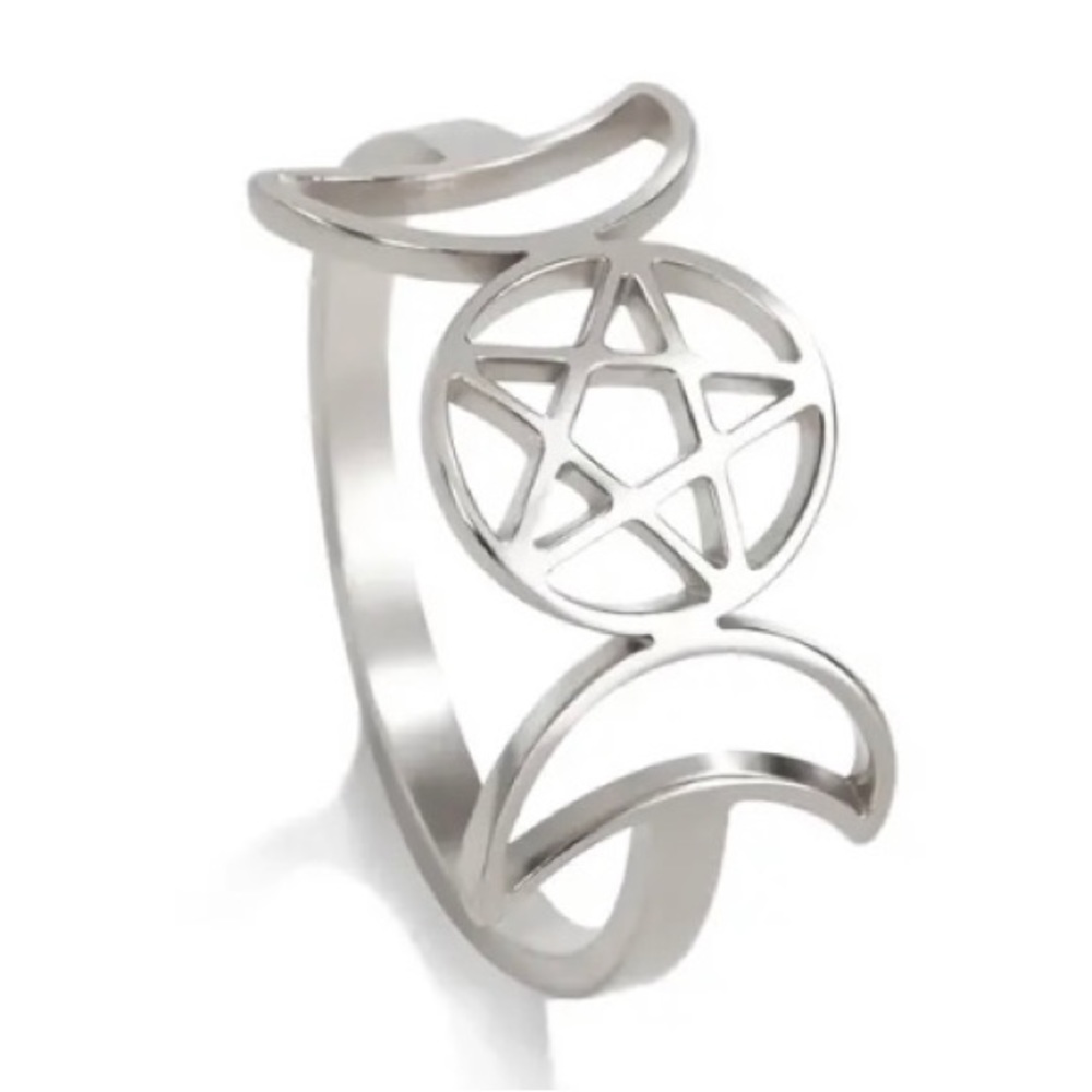 Triple Moon Pentagram Ring Silver New Wiccan Witch Jewelry Boho Goth Protection